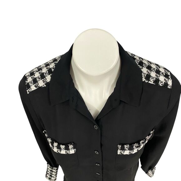 Laundry by Shelli Segal Top Womens Sz Small Black Houndstooth Shirt Work Office - Picture 10 of 16